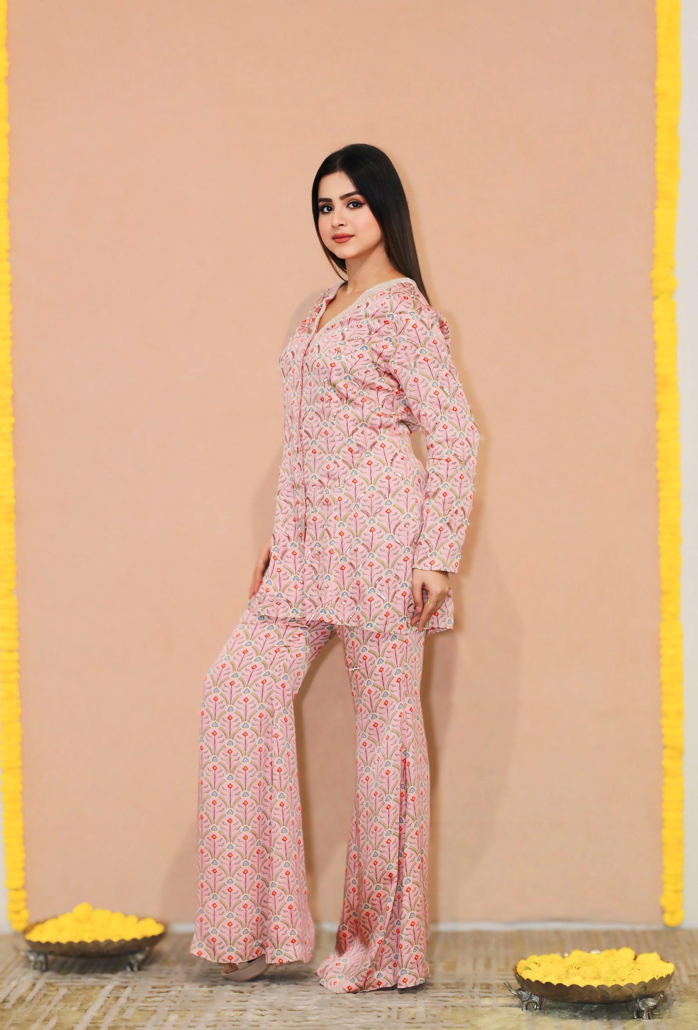 Kumud Short-Jacket Digital Print Bell-Bottom
