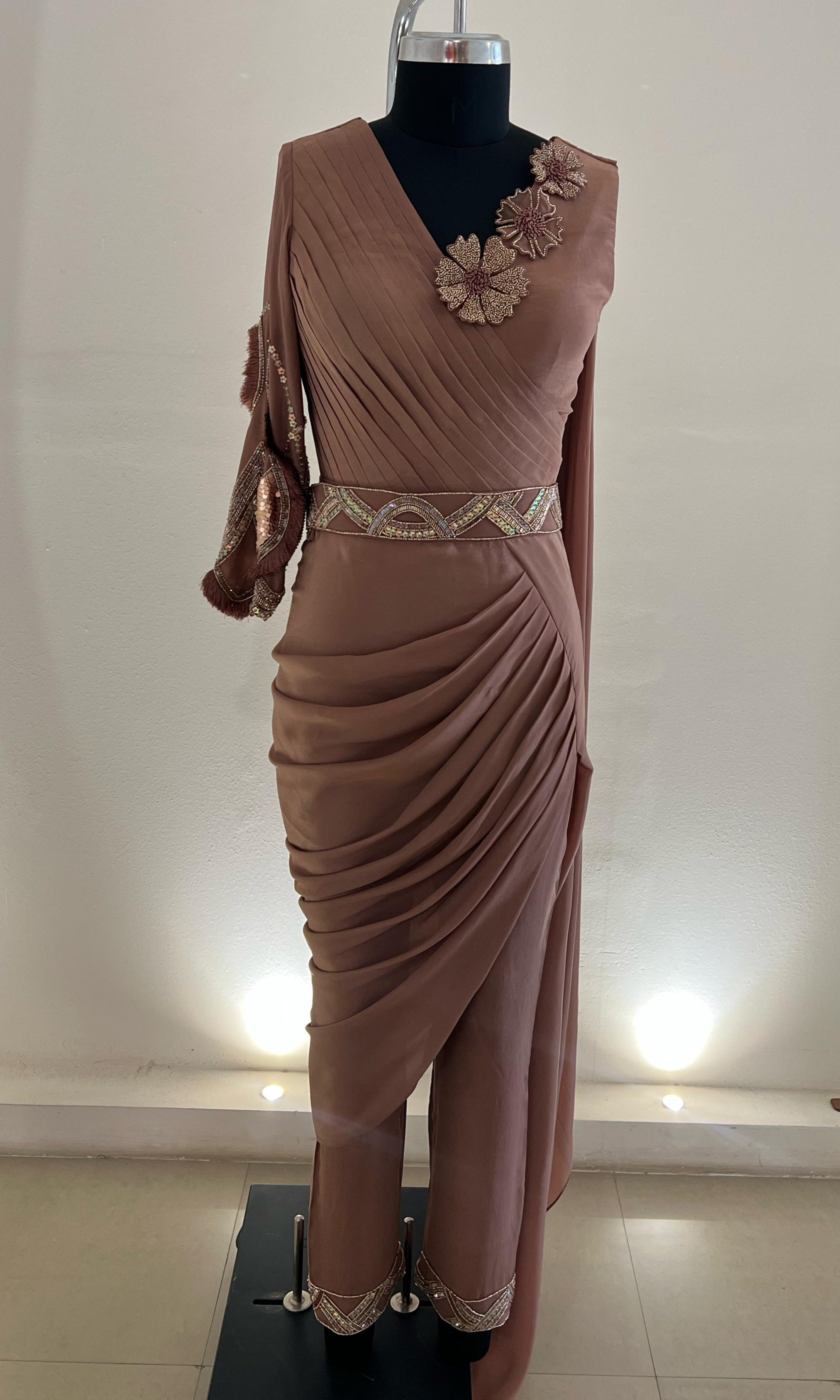 Mocha Jumpsuit Drape Saree